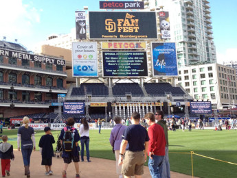 Padres fans gather at Petco Park to meet players and participate in activities.