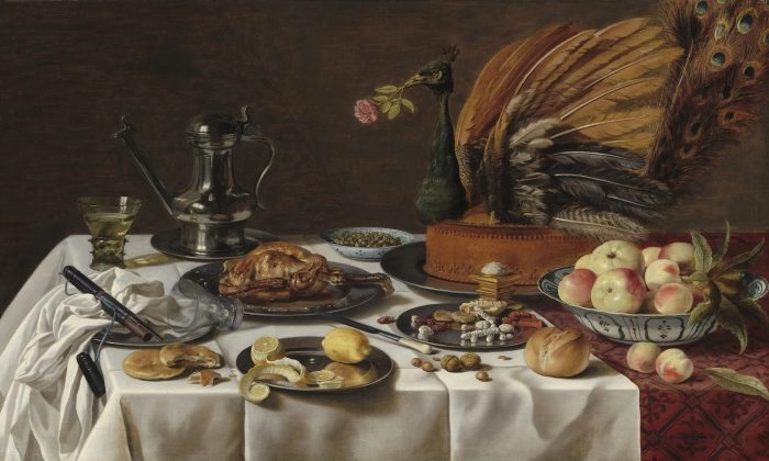 "Still Life with Peacock Pie" (1627) by Pieter Claesz