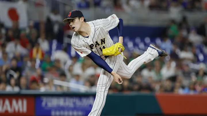 Roki Sasaki pitches for the Japanese Nation Team in the 2023 World Baseball Classic.